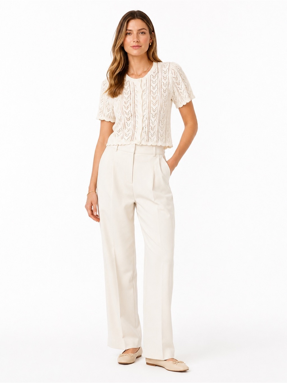 Primark Pointelle Lace Cotton Blend Short Sleeve Cardigan Sweater XL Cream